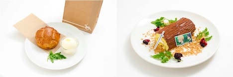 左から「蜂蜜パイ」、「キリト＆ユージオ 横たえたギガスシダーケーキ」。