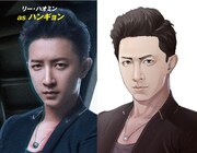 映画「サイバー・ミッション」より主人公・ハオミン（左）、「JADE」とのコラボマンガよりハオミン。