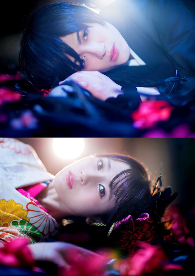 舞台版「BLACK BIRD」のキャストビジュアル。松村優演じる烏水匡、朝倉ふゆな演じる原田実沙緒。