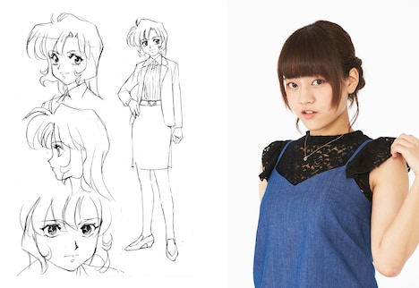 左からラリー・ビンセントの設定画と、声を務める朝井彩加。