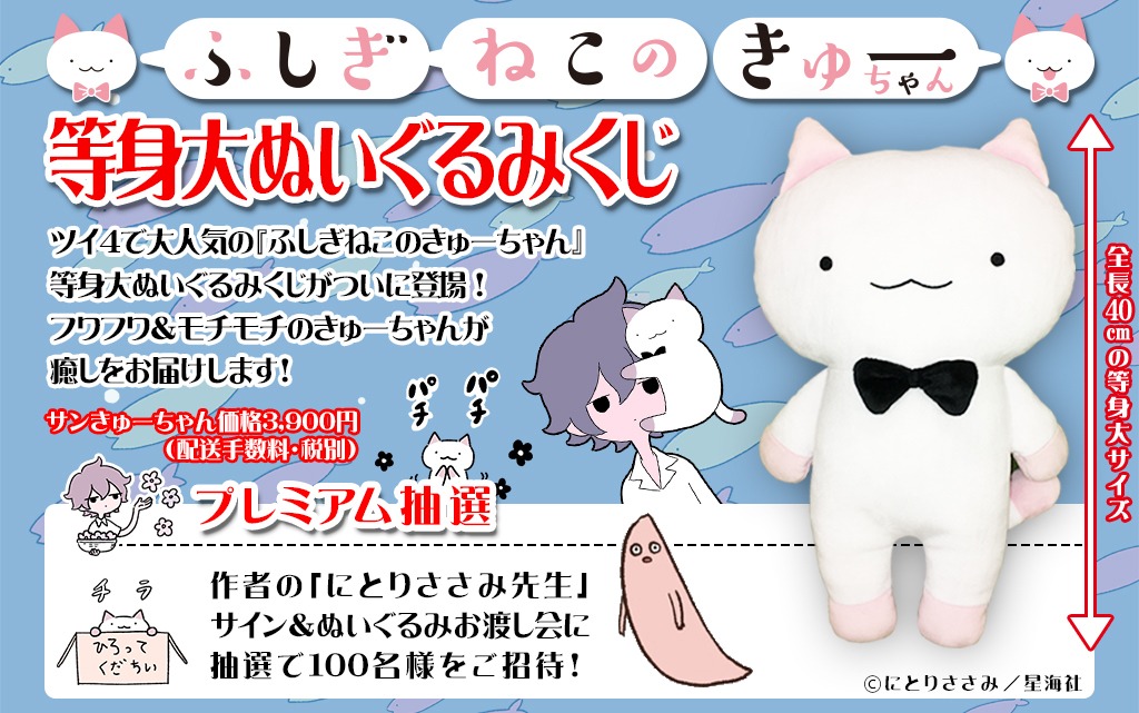 「ふしぎねこのきゅーちゃん」等身大ぬいぐるみくじの告知ビジュアル。