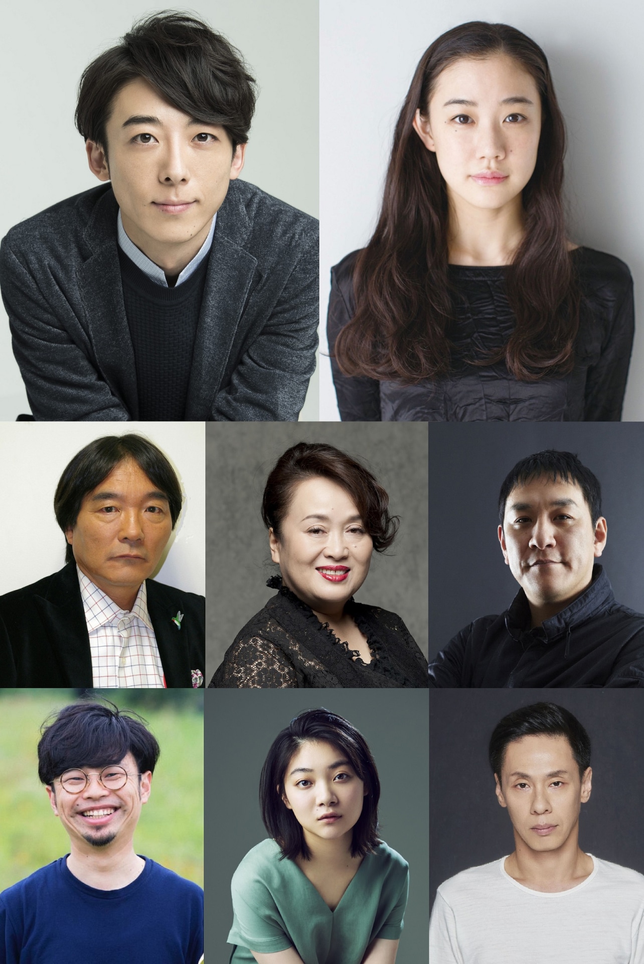 上段左から高橋一生、蒼井優。中段左からきたろう、渡辺えり、ピエール瀧。下段左から浜野謙太、三浦透子、大倉孝二。