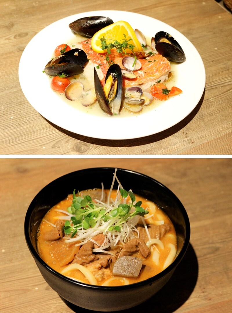 上から「Soupe de “ALL BLUE”（スープ ドゥ オールブルー）」「“復活系”豚肉入りホルモンスープうどん」。