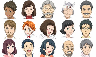 上段左からメリナ、十王院千、十王院万太郎、十王院京、児玉専務。中断左から、リヴィングストン、カケル（幼少期）、津山ミヨ、鷹梁海、鷹梁洋。下段左から、鷹梁翼、鷹梁潮、鷹梁渚、五十嶋波助、五十嶋舟子。