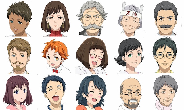 上段左からメリナ、十王院千、十王院万太郎、十王院京、児玉専務。中断左から、リヴィングストン、カケル（幼少期）、津山ミヨ、鷹梁海、鷹梁洋。下段左から、鷹梁翼、鷹梁潮、鷹梁渚、五十嶋波助、五十嶋舟子。