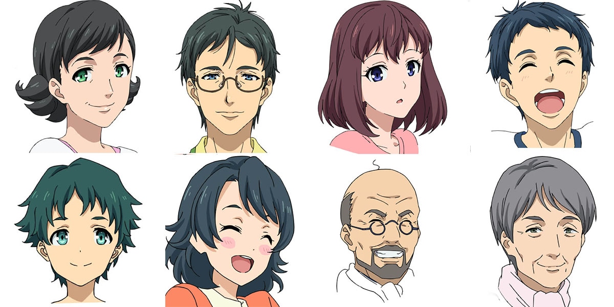 鷹梁ミナトの家族。上段左から、鷹梁海、鷹梁洋、鷹梁翼、鷹梁潮。下段左から、鷹梁舷、鷹梁渚、五十嶋波助、五十嶋舟子。