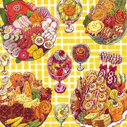 2人展「引っ越し」で販売される谷口グッズのハンカチ。柄は「私の思う昭和のご馳走」とのこと。