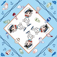 森下裕美による、本展覧会にて販売予定の風呂敷。バロン吉元「どん亀野郎」登場キャラクターと森下裕美「少年アシベ」のゴマちゃんのコラボレーション作品。