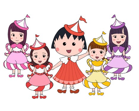 まる子とももいろクローバーZのキャラクター画像。左から佐々木彩夏、百田夏菜子、まる子、玉井詩織、高城れに。 (c)さくらプロダクション/日本アニメーション