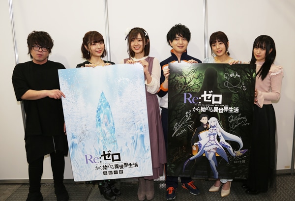 左から松岡禎丞、内山夕実、小林裕介、高橋李依、水瀬いのり、村川梨衣。