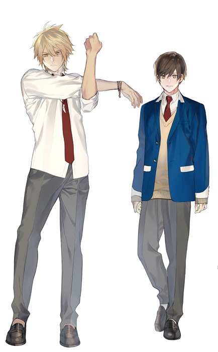 宝井理人による狩矢光（左）と、遥馬理久（右）のキャラクターイラスト。