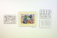 「チェンジ・アンド・チャレンジ」のコーナーより、秋本治が描いた「装甲騎兵ボトムズ」のイラスト。