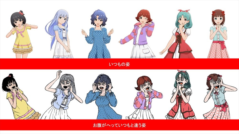 楳図かずおが描き下ろしたアイドル（下段）。左から中谷育、白石紬、豊川風花、野々原茜、徳川まつり、天海春香。