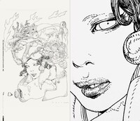 「寺田克也原寸」より。16％縮小全図（左）と原寸大のイラスト（右）を併せて収録している。