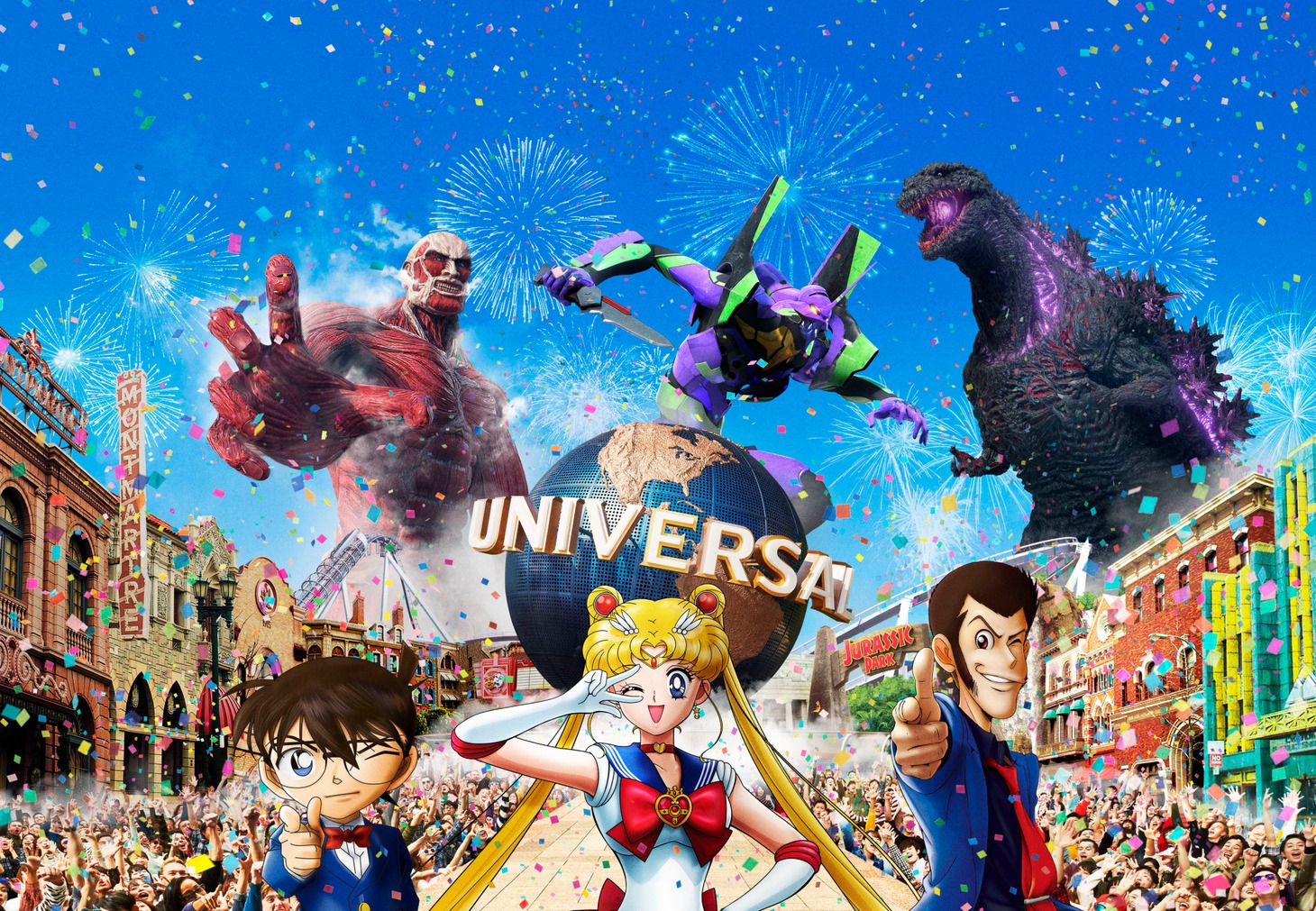 「ユニバーサル・クールジャパン 2019」キービジュアル。(c) 諫山創・講談社/「進撃の巨人」製作委員会 TM & (c) TOHO CO., LTD. (c)カラー (c)Naoko Takeuchi 書・紫舟 TM & (c) Universal Studios. All rights reserved. (c) SCRAP All rights reserved.