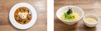 左から「アリス＆ボコカレー」、「あんこうチームの鶏スープつけ麺」。