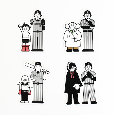 Seiji Matsumotoの描いたイラスト。左上から時計回りに、アトムと山崎康晃、お茶の水博士とラミレス監督、ブラック・ジャックと宮崎敏郎、写楽と筒香嘉智。
