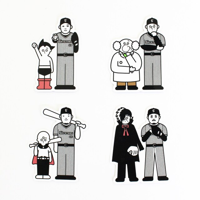 Seiji Matsumotoの描いたイラスト。左上から時計回りに、アトムと山崎康晃、お茶の水博士とラミレス監督、ブラック・ジャックと宮崎敏郎、写楽と筒香嘉智。