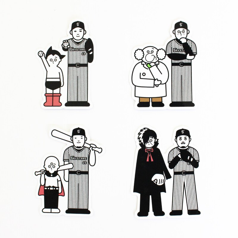 Seiji Matsumotoの描いたイラスト。左上から時計回りに、アトムと山崎康晃、お茶の水博士とラミレス監督、ブラック・ジャックと宮崎敏郎、写楽と筒香嘉智。