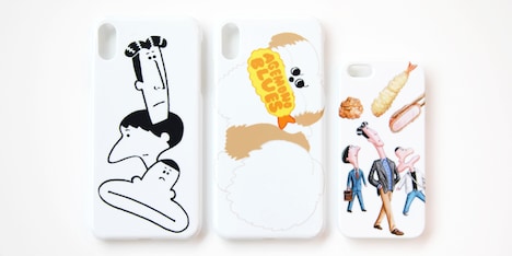 「あげものブルース」のスマートフォンケース。左から「顔」「モコゾウ」「表紙絵」。