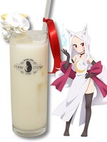 ヨーグルトドリンク、ホイップ、三角チョコの「シロ」ドリンク。白ストローに巻いた赤リボンがポイント。