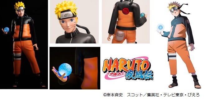 ナルトの等身大フィギュアと西尾鉄也の描き下ろしイラスト。