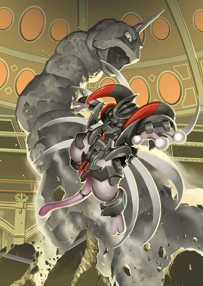 皆川亮二が描いた「激闘！アーマードミュウツーVSイワーク!!」。