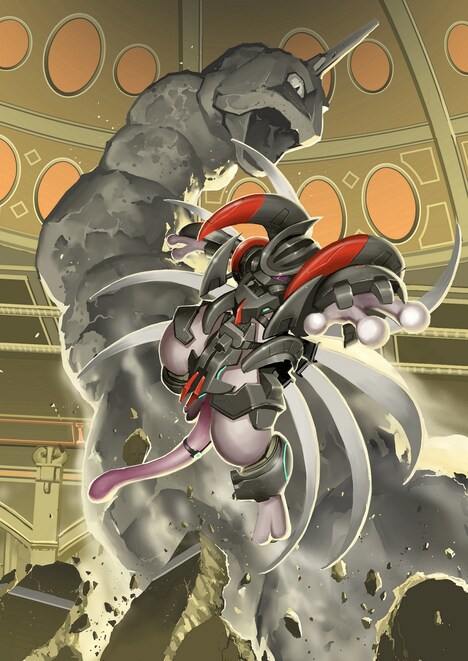 皆川亮二が描いた「激闘！アーマードミュウツーVSイワーク!!」。