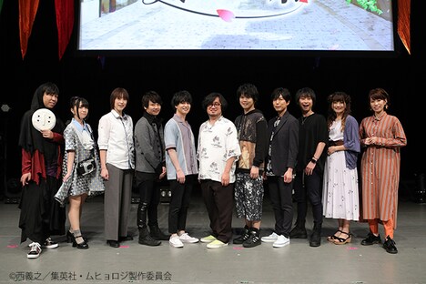 イベントの様子。左から太田哲治、野水伊織、斎賀みつき、林勇、小林裕介、西義之、村瀬歩、神谷浩史、柿原徹也、明坂聡美、河村梨恵。