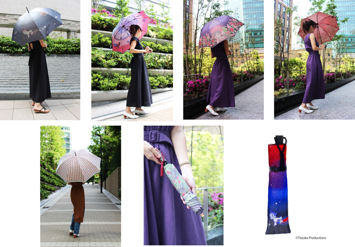 「日本名作倶楽部 手塚治虫生誕90周年記念 郡内織 晴雨兼用折りたたみ傘」の使用イメージ。