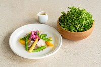 「豚しゃぶと彩り野菜の豆苗サラダ～豆乳味噌ドレッシング～」は豆苗のおかわりが自由。1日限定100食で、価格は税込864円。」
