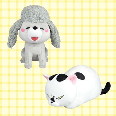 「犬と猫どっちも飼ってると毎日たのしい BIGぬいぐるみ」左から犬くん、猫さま。