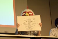 板垣巴留が「もしもチャンピオン前編集長の沢考史が作中に出てきたら？」をテーマに即興で描いたイラスト。「沢さんは野良猫の中のボスみたいなイメージがある。怖さが目の奥にあるので」と解説。