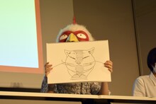 板垣巴留が「もしもチャンピオン前編集長の沢考史が作中に出てきたら？」をテーマに即興で描いたイラスト。「沢さんは野良猫の中のボスみたいなイメージがある。怖さが目の奥にあるので」と解説。