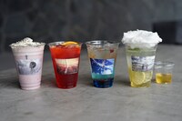 左から「雨に思い馳せるブルーベリーヨーグルト」「夕日差すオレンジティー」「空の魚チアシードドリンク」「晴れるよレモネード」。