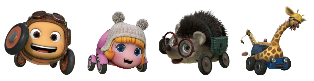 「エッグカー」のキャラクタービジュアル。左からダッシュ、アエラ、クリック、ギララ。