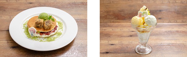 左から「ロマニ・アーキマンのビッグどら焼きプレート」、「ギルガメッシュとエルキドゥのパインキウイパフェ」。