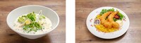 左から「エルキドゥの豆乳白湯ラーメン」、「イシュタルのマアンナエビフライプレート」。