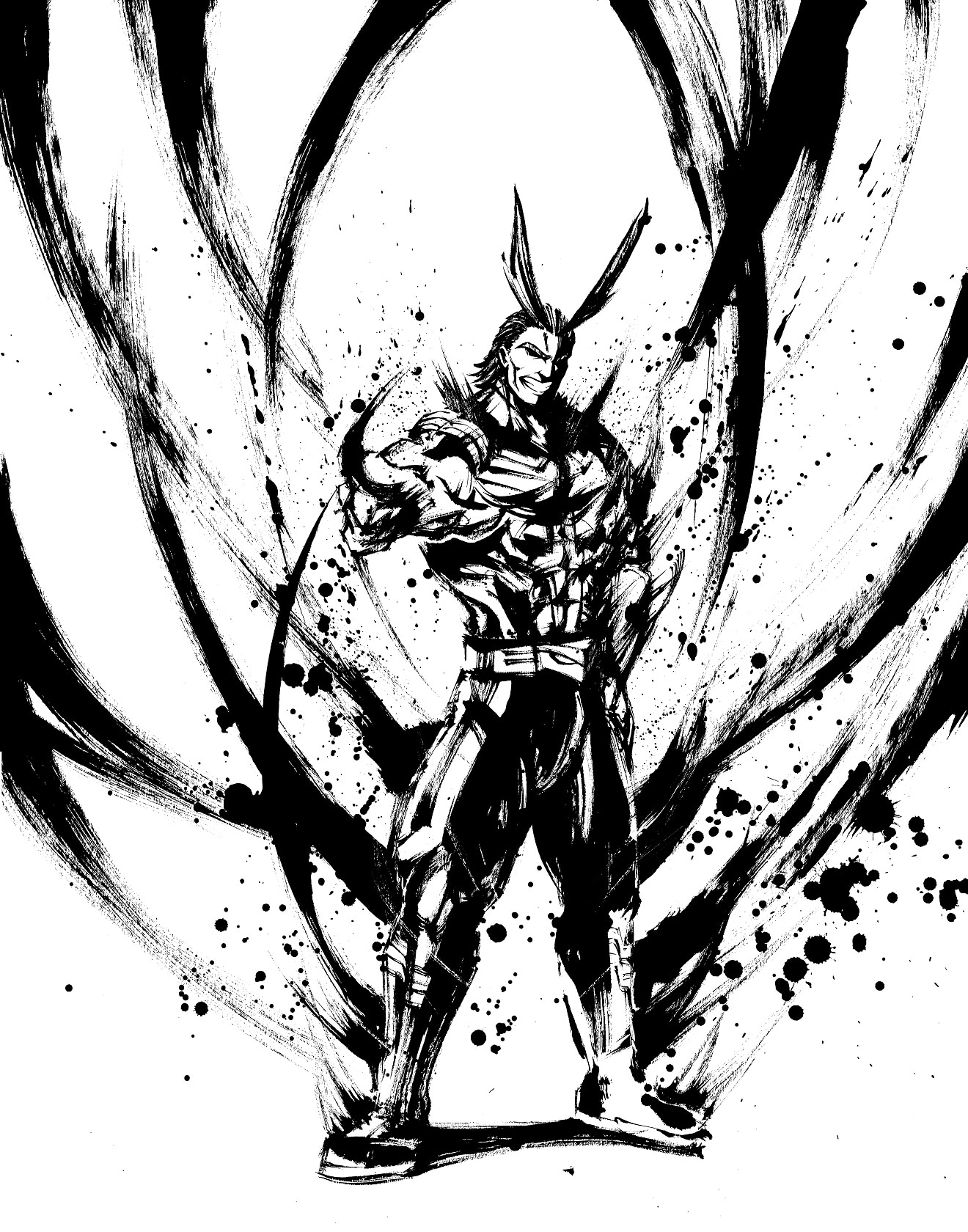 「僕のヒーローアカデミア」の水墨画アート（オールマイト）。