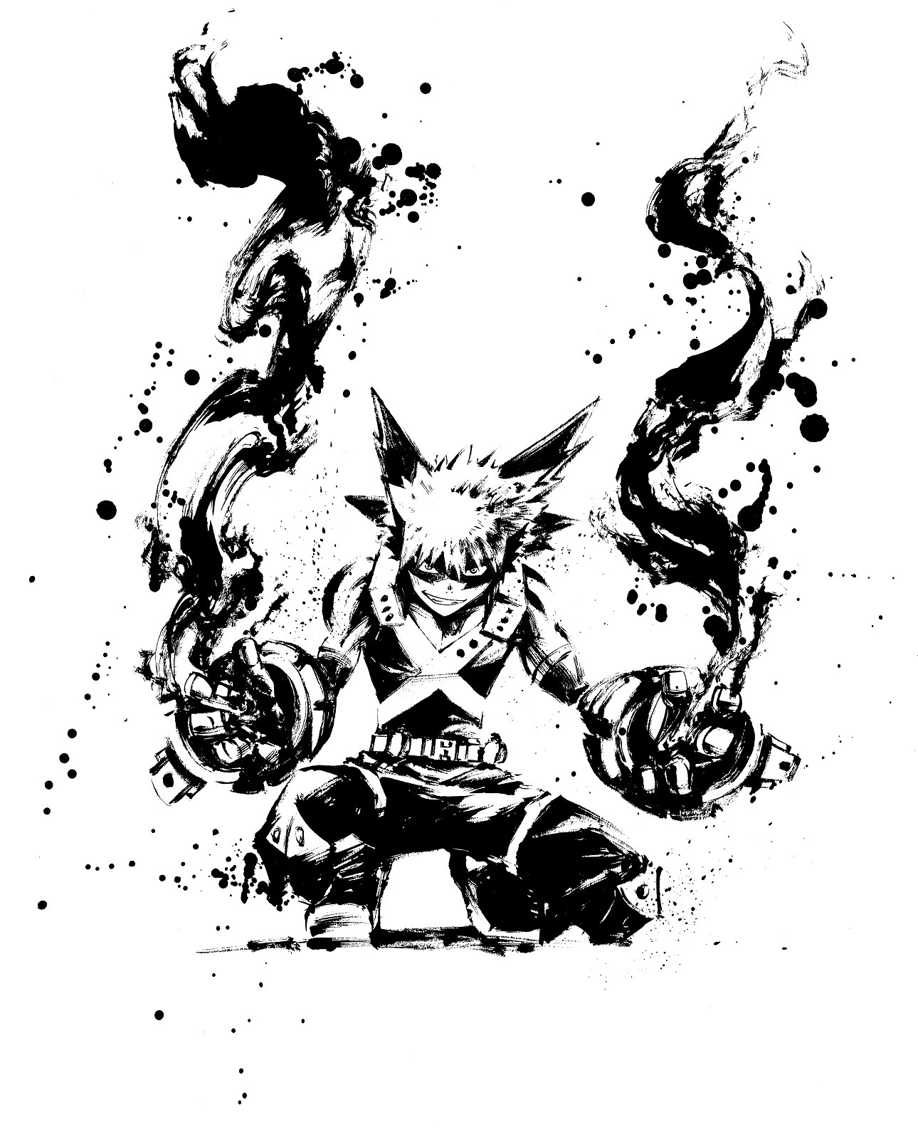 「僕のヒーローアカデミア」の水墨画アート（爆豪）。