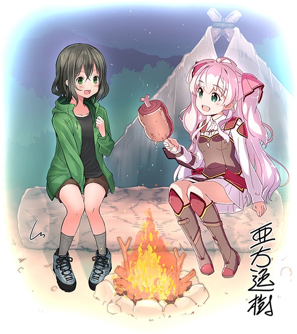「私、能力は平均値でって言ったよね！」と「ヤマノススメ」のコラボイラスト。（イラスト：亜方逸樹／しろ）(c) Funa / Itsuki Akata 2016 (c)しろ 2019　　