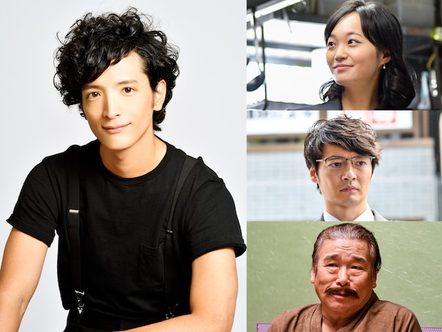 左から時計回りに柳葉鮭児役の渡部豪太、柳葉真子役の佐藤玲、柳葉鱚一郎役の田中幸太朗、平政役の赤塚真人。(c)「江戸前の旬」製作委員会 2018