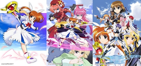 左から「魔法少女リリカルなのは」「魔法少女リリカルなのは A's」「魔法少女リリカルなのは StrikerS」キービジュアル。