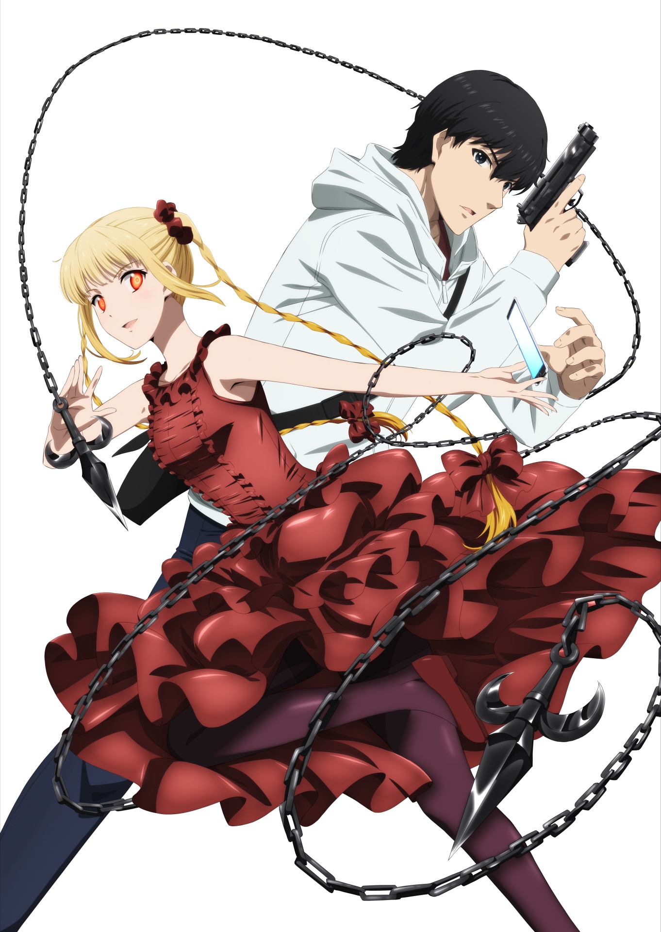 TVアニメ「ダーウィンズゲーム」キービジュアル第1弾。左から狩野朱歌、須藤要。