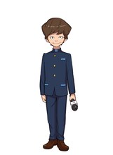 タベケン（CV：渡部建）。手に汗握る実況中継でバトルを盛り上げる男子生徒。