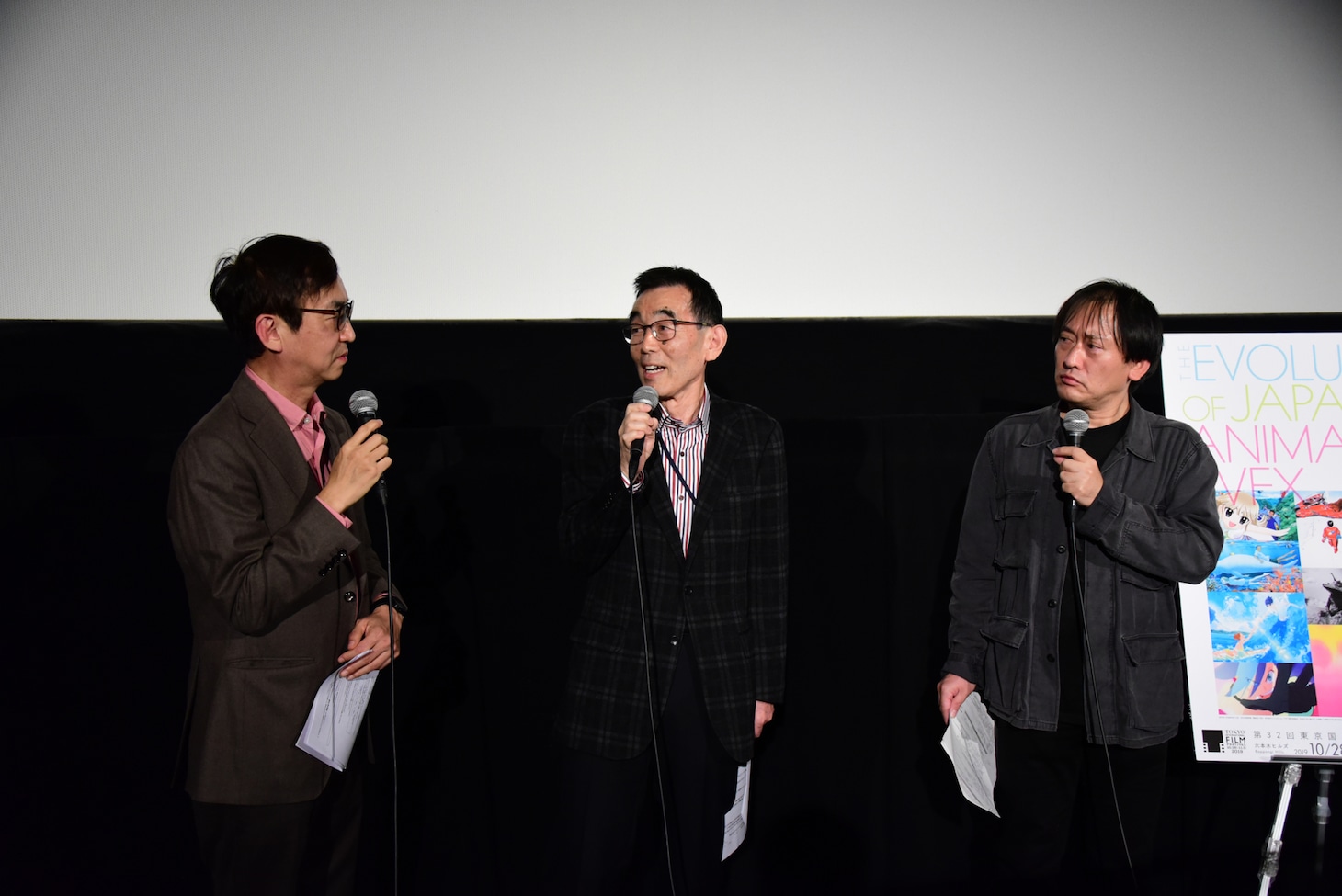 「白蛇伝 4Kデジタルリマスター版」上映会にて。左から氷川竜介、根岸誠氏、近藤修治氏。