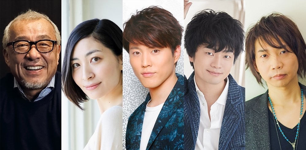 TVアニメ「織田シナモン信長」追加キャスト。左から“中尾隆聖犬”、“坂犬真綾”、“入栗鼠自由”、“福山牛”、諏訪部順一。