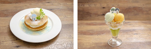 第2弾デザートメニュー。左から「黒子のバニラパンケーキ」「緑間と高尾のサンセットパフェ」。