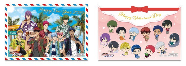 来場者特典一覧。左から「Happy New Year風イラストシート」「バレンタイン風イラストシート」。