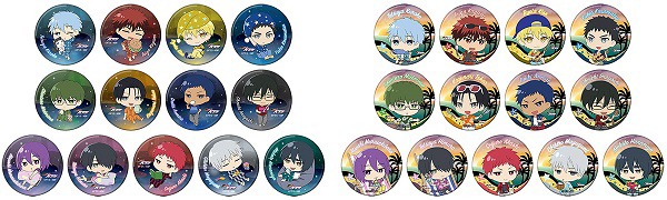 「セガコラボカフェ 黒子のバスケ デフォルメ缶バッジ」。左がパジャマver.で、右がバーべキューver.。